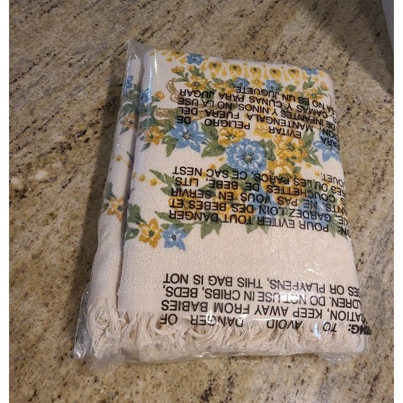 2 Vintage TASTEMAKER Bath Towel MCM Yellow Blue Floral Scroll Fringe Edge 43" - Picture 11 of 11